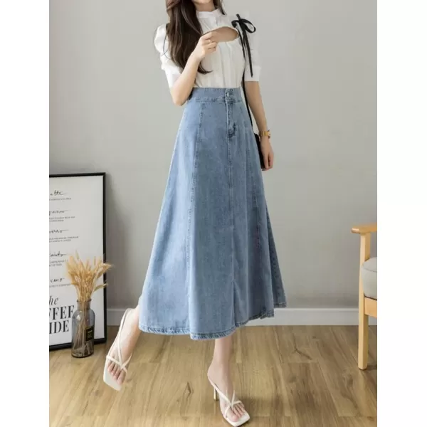 IDEALSANXUN Denim Skirts for Women Midi Length High Waisted Casual A Line Ruffle Jean SkirtBlue