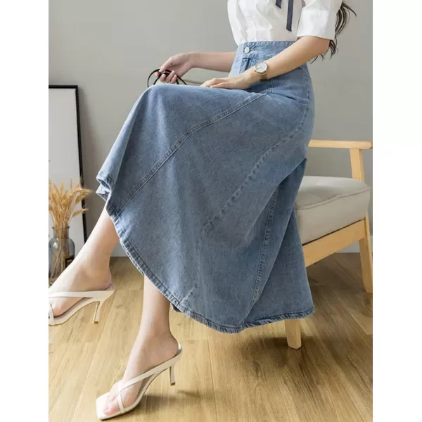 IDEALSANXUN Denim Skirts for Women Midi Length High Waisted Casual A Line Ruffle Jean SkirtBlue