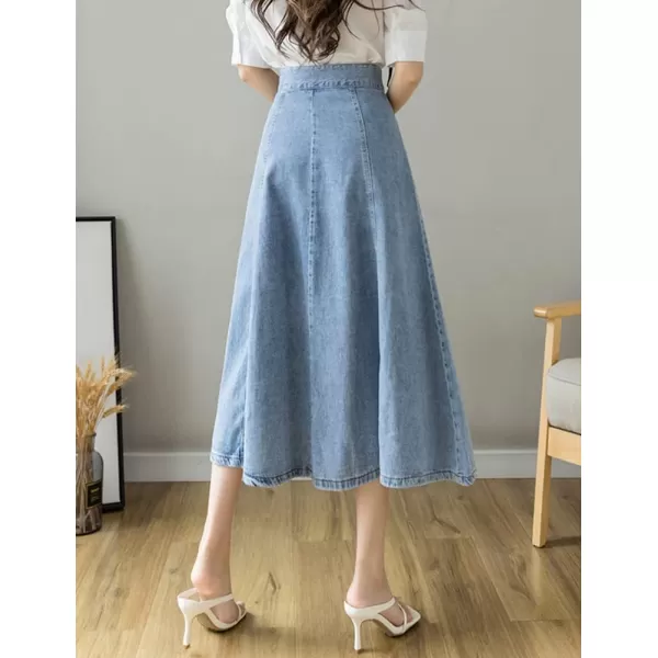 IDEALSANXUN Denim Skirts for Women Midi Length High Waisted Casual A Line Ruffle Jean SkirtBlue