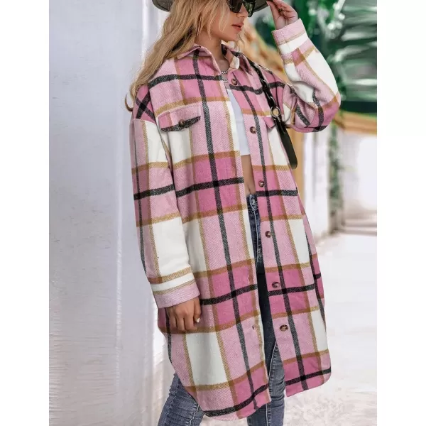IDEALSANXUN Long Button Down Shirt Jackets for Womens Casual Oversized Flannels Plaid Shacket CoatsPink