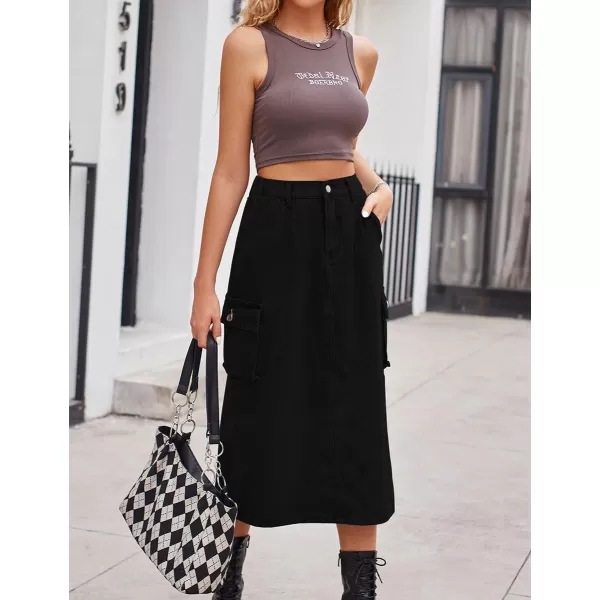 IDEALSANXUN Long Cargo Skirts for Women Trendy 2023 Elastic High Waisted Midi Denim Jean Skirt Y2KBlack