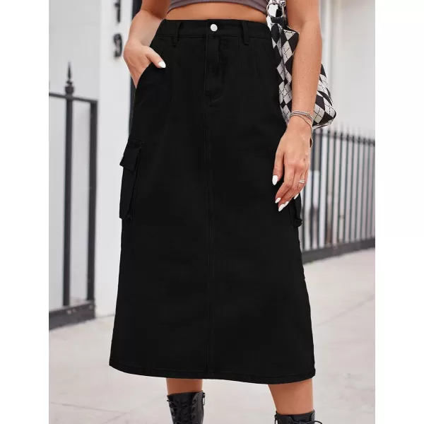 IDEALSANXUN Long Cargo Skirts for Women Trendy 2023 Elastic High Waisted Midi Denim Jean Skirt Y2KBlack