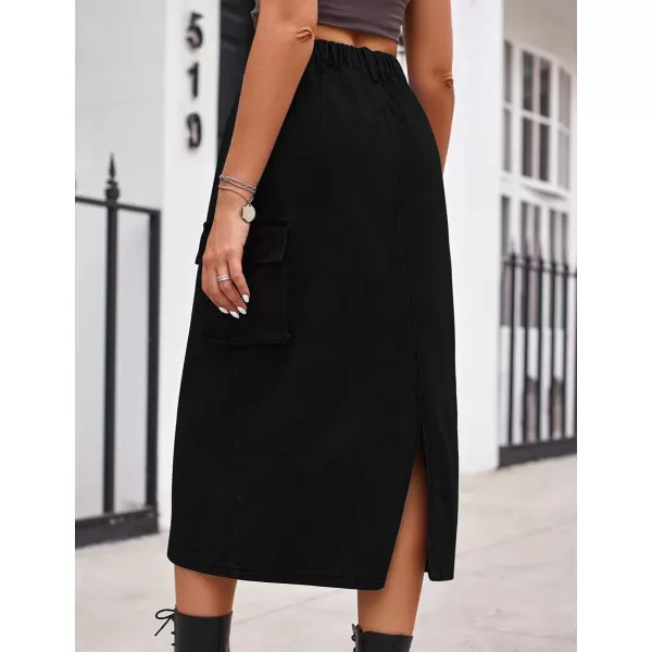 IDEALSANXUN Long Cargo Skirts for Women Trendy 2023 Elastic High Waisted Midi Denim Jean Skirt Y2KBlack