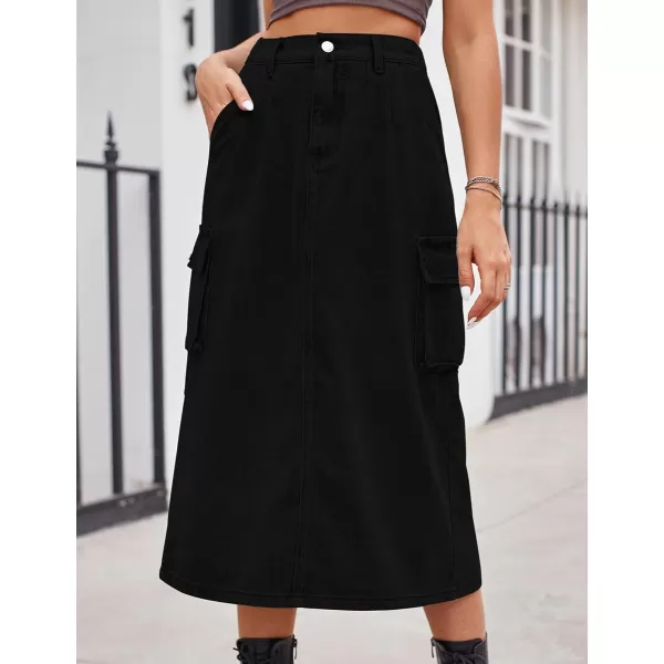IDEALSANXUN Long Cargo Skirts for Women Trendy 2023 Elastic High Waisted Midi Denim Jean Skirt Y2KBlack