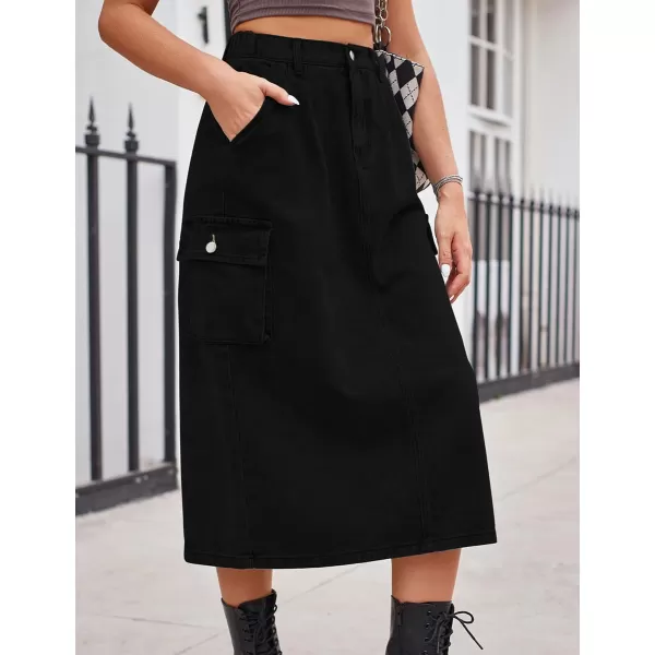 IDEALSANXUN Long Cargo Skirts for Women Trendy 2023 Elastic High Waisted Midi Denim Jean Skirt Y2KBlack