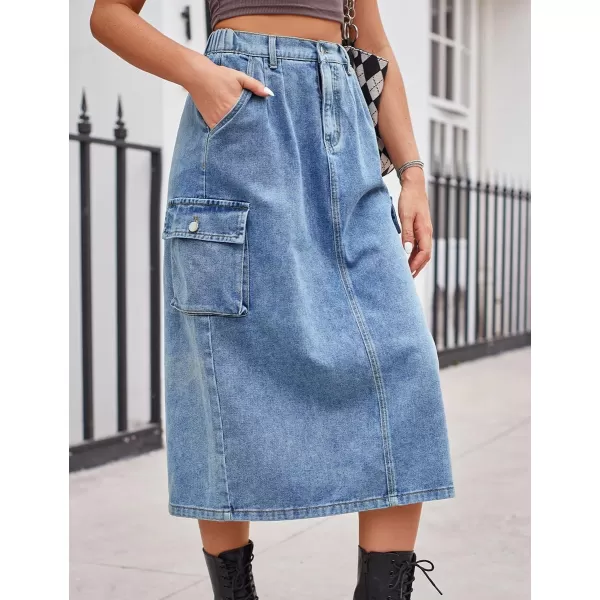 IDEALSANXUN Long Cargo Skirts for Women Trendy 2023 Elastic High Waisted Midi Denim Jean Skirt Y2KBlue