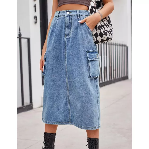 IDEALSANXUN Long Cargo Skirts for Women Trendy 2023 Elastic High Waisted Midi Denim Jean Skirt Y2KBlue