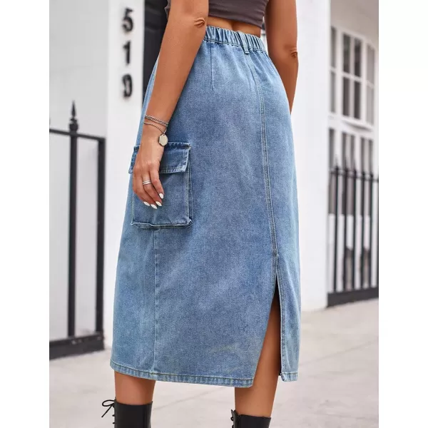 IDEALSANXUN Long Cargo Skirts for Women Trendy 2023 Elastic High Waisted Midi Denim Jean Skirt Y2KBlue