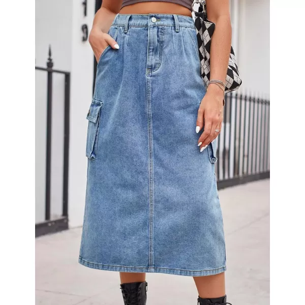 IDEALSANXUN Long Cargo Skirts for Women Trendy 2023 Elastic High Waisted Midi Denim Jean Skirt Y2KBlue