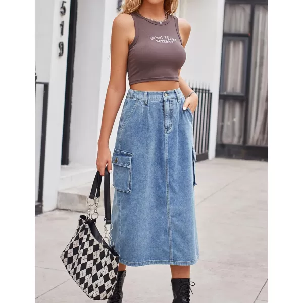 IDEALSANXUN Long Cargo Skirts for Women Trendy 2023 Elastic High Waisted Midi Denim Jean Skirt Y2KBlue