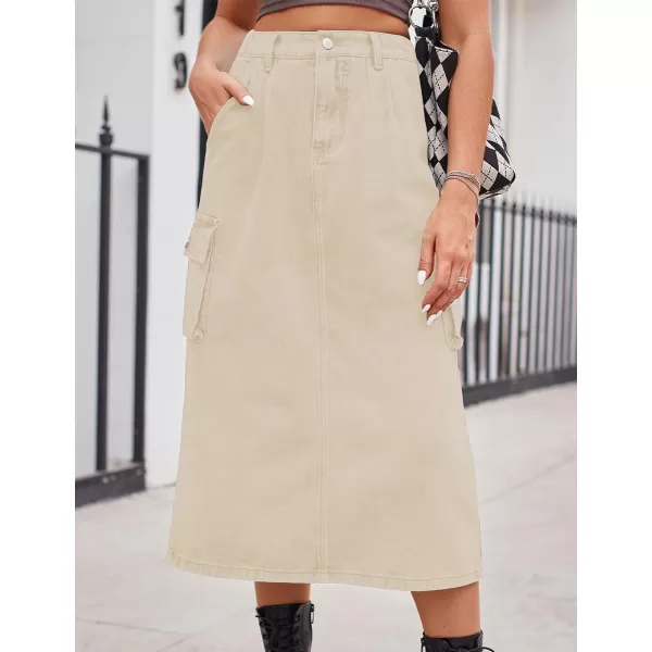 IDEALSANXUN Long Cargo Skirts for Women Trendy 2023 Elastic High Waisted Midi Denim Jean Skirt Y2KKhaki