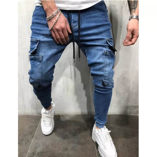 IDEALSANXUN Mens Cargo Slim Fit Skinny Stretch Jeans Denim Pants with DrawstringDark Blue