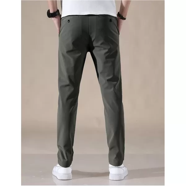 IDEALSANXUN Mens Dress Pants Slim Fit Flat Front Chino Pants with Elastic WaistArmy Green