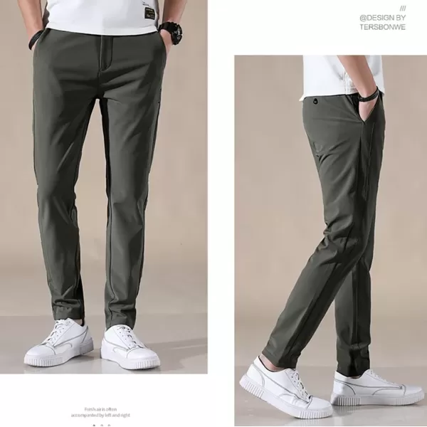 IDEALSANXUN Mens Dress Pants Slim Fit Flat Front Chino Pants with Elastic WaistArmy Green