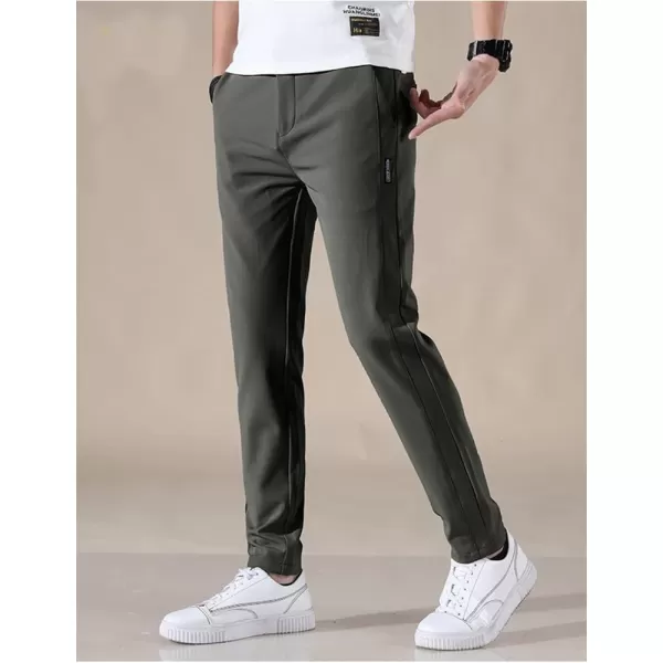 IDEALSANXUN Mens Dress Pants Slim Fit Flat Front Chino Pants with Elastic WaistArmy Green