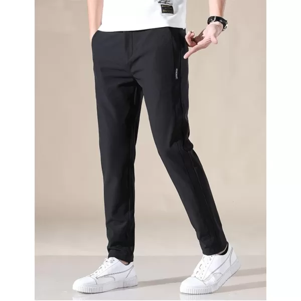 IDEALSANXUN Mens Dress Pants Slim Fit Flat Front Chino Pants with Elastic WaistBlack