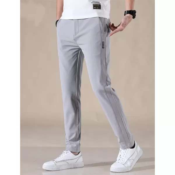 IDEALSANXUN Mens Dress Pants Slim Fit Flat Front Chino Pants with Elastic WaistLight Grey