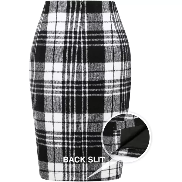 IDEALSANXUN Midi Plaid Skirts for Women 2023 Fall Winter Knee Length Pencil Wool Skirt with SlitBlack