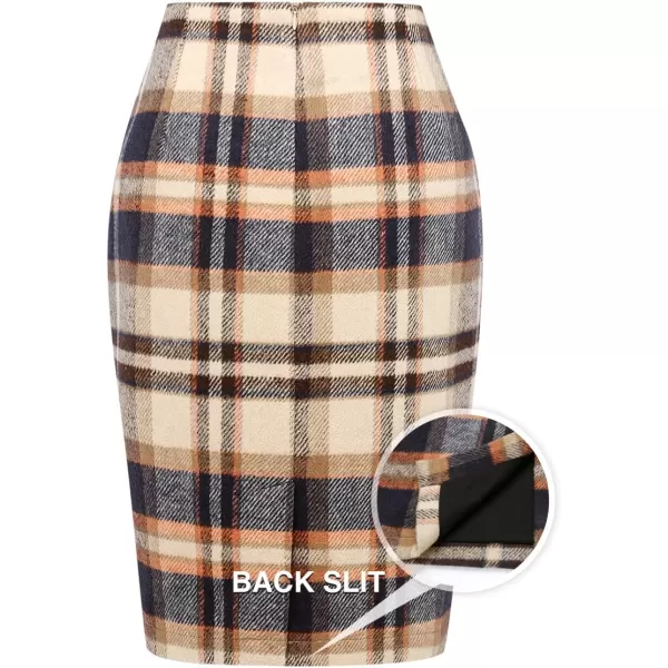 IDEALSANXUN Midi Plaid Skirts for Women 2023 Fall Winter Knee Length Pencil Wool Skirt with SlitBrown 01