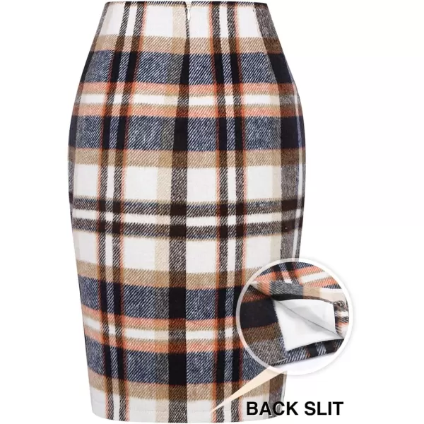 IDEALSANXUN Midi Plaid Skirts for Women 2023 Fall Winter Knee Length Pencil Wool Skirt with SlitBrown