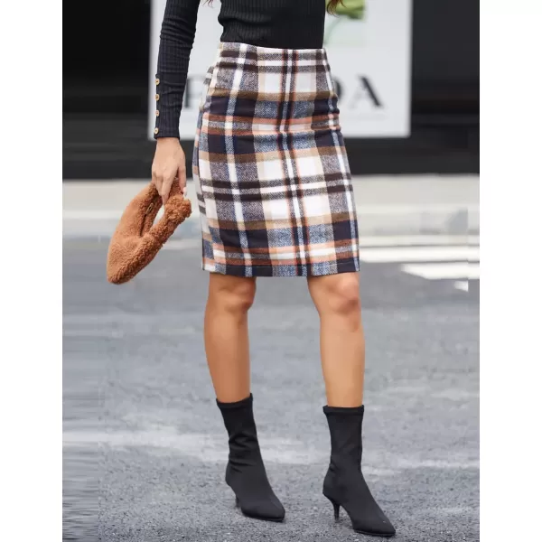 IDEALSANXUN Midi Plaid Skirts for Women 2023 Fall Winter Knee Length Pencil Wool Skirt with SlitBrown