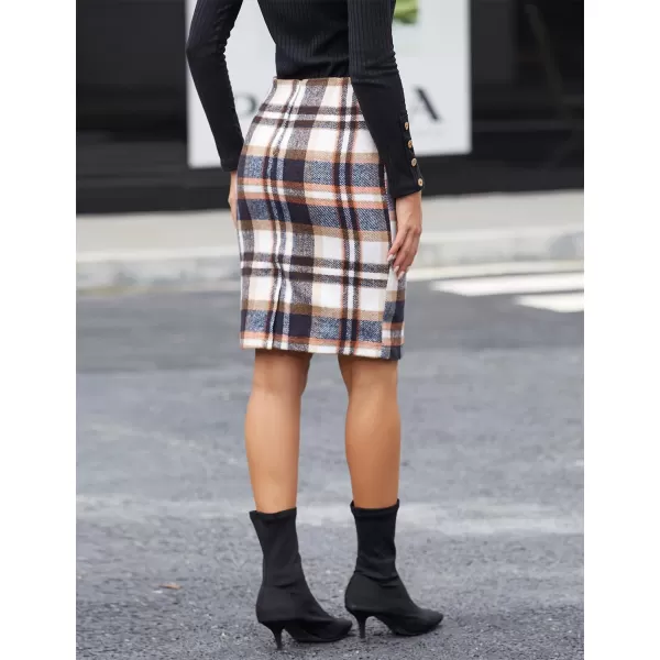 IDEALSANXUN Midi Plaid Skirts for Women 2023 Fall Winter Knee Length Pencil Wool Skirt with SlitBrown