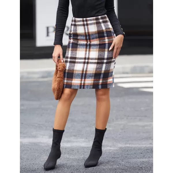 IDEALSANXUN Midi Plaid Skirts for Women 2023 Fall Winter Knee Length Pencil Wool Skirt with SlitBrown