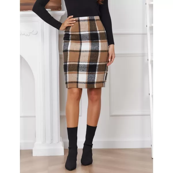 IDEALSANXUN Midi Plaid Skirts for Women 2023 Fall Winter Knee Length Pencil Wool Skirt with SlitBrown New