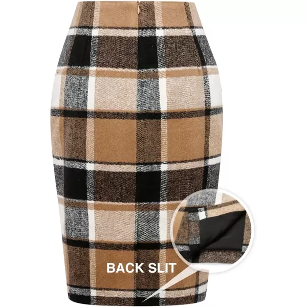 IDEALSANXUN Midi Plaid Skirts for Women 2023 Fall Winter Knee Length Pencil Wool Skirt with SlitBrown New