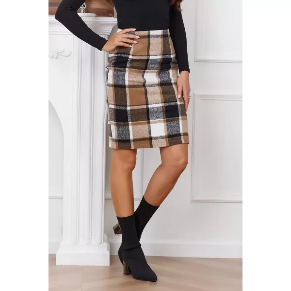 IDEALSANXUN Midi Plaid Skirts for Women 2023 Fall Winter Knee Length Pencil Wool Skirt with SlitBrown New
