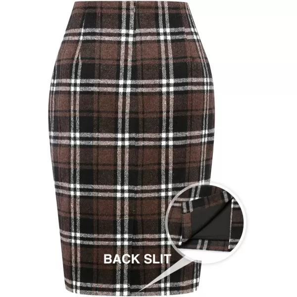 IDEALSANXUN Midi Plaid Skirts for Women 2023 Fall Winter Knee Length Pencil Wool Skirt with SlitCoffee