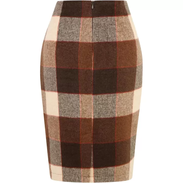 IDEALSANXUN Midi Plaid Skirts for Women 2023 Fall Winter Knee Length Pencil Wool Skirt with SlitDark Brown