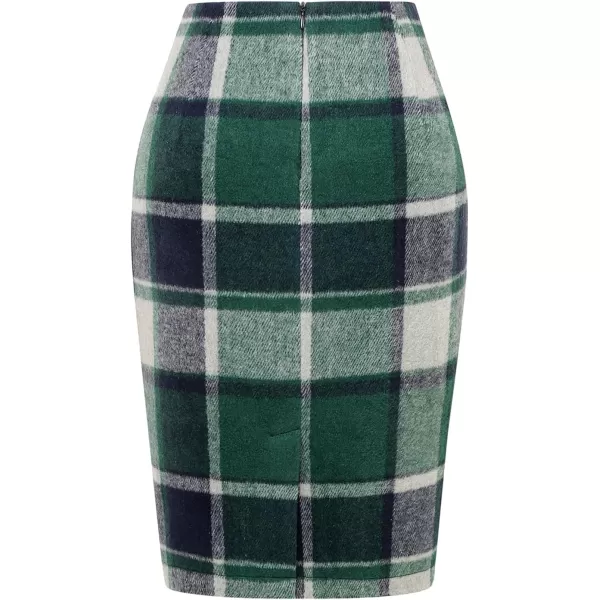 IDEALSANXUN Midi Plaid Skirts for Women 2023 Fall Winter Knee Length Pencil Wool Skirt with SlitGreen 02