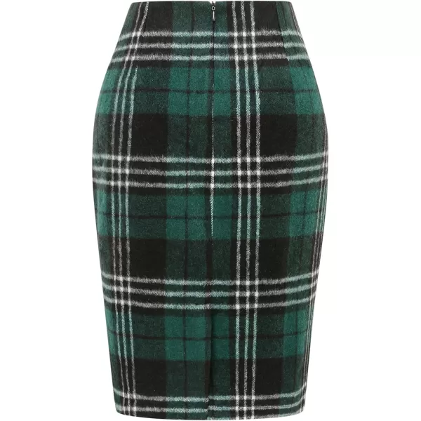 IDEALSANXUN Midi Plaid Skirts for Women 2023 Fall Winter Knee Length Pencil Wool Skirt with SlitGreen 1