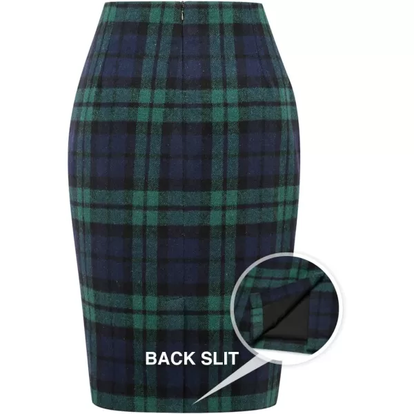 IDEALSANXUN Midi Plaid Skirts for Women 2023 Fall Winter Knee Length Pencil Wool Skirt with SlitGreen