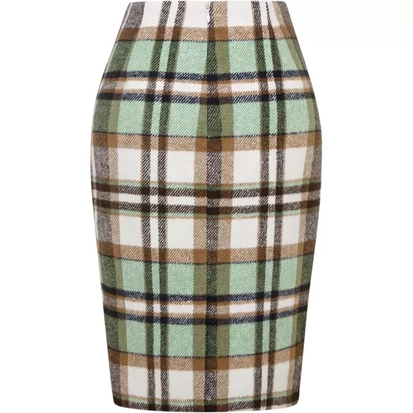 IDEALSANXUN Midi Plaid Skirts for Women 2023 Fall Winter Knee Length Pencil Wool Skirt with SlitGreen New