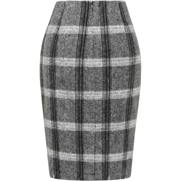 IDEALSANXUN Midi Plaid Skirts for Women 2023 Fall Winter Knee Length Pencil Wool Skirt with SlitGrey