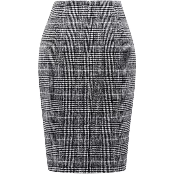 IDEALSANXUN Midi Plaid Skirts for Women 2023 Fall Winter Knee Length Pencil Wool Skirt with SlitGrid Black