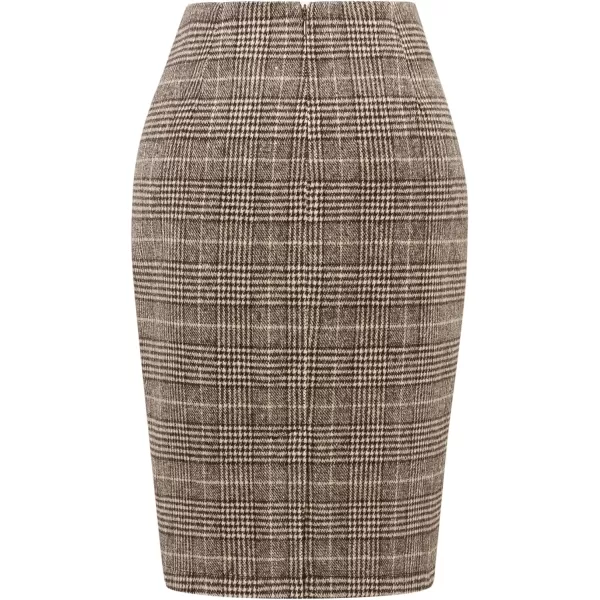 IDEALSANXUN Midi Plaid Skirts for Women 2023 Fall Winter Knee Length Pencil Wool Skirt with SlitGrid Coffee