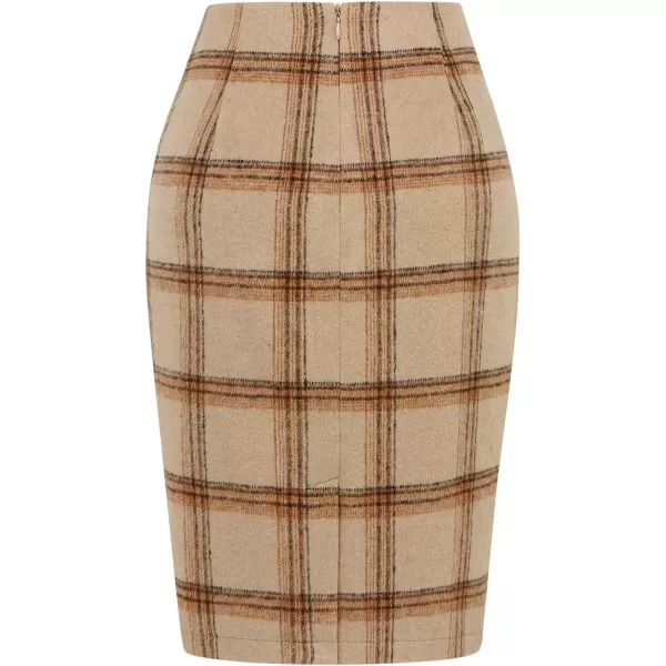 IDEALSANXUN Midi Plaid Skirts for Women 2023 Fall Winter Knee Length Pencil Wool Skirt with SlitKhaki