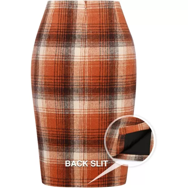 IDEALSANXUN Midi Plaid Skirts for Women 2023 Fall Winter Knee Length Pencil Wool Skirt with SlitOrange