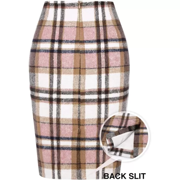 IDEALSANXUN Midi Plaid Skirts for Women 2023 Fall Winter Knee Length Pencil Wool Skirt with SlitPink