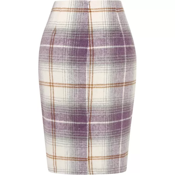 IDEALSANXUN Midi Plaid Skirts for Women 2023 Fall Winter Knee Length Pencil Wool Skirt with SlitPurple