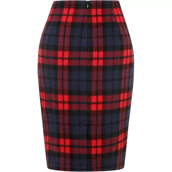 IDEALSANXUN Midi Plaid Skirts for Women 2023 Fall Winter Knee Length Pencil Wool Skirt with SlitRed