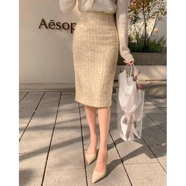 IDEALSANXUN Midi Plaid Skirts for Women 2023 Fall Winter Knee Length Pencil Wool Skirt with SlitSequin Apricot