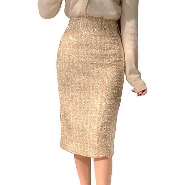 IDEALSANXUN Midi Plaid Skirts for Women 2023 Fall Winter Knee Length Pencil Wool Skirt with SlitSequin Apricot