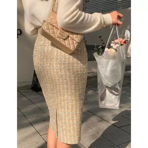 IDEALSANXUN Midi Plaid Skirts for Women 2023 Fall Winter Knee Length Pencil Wool Skirt with SlitSequin Apricot