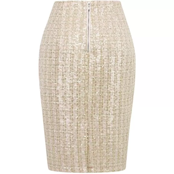 IDEALSANXUN Midi Plaid Skirts for Women 2023 Fall Winter Knee Length Pencil Wool Skirt with SlitSequin Apricot