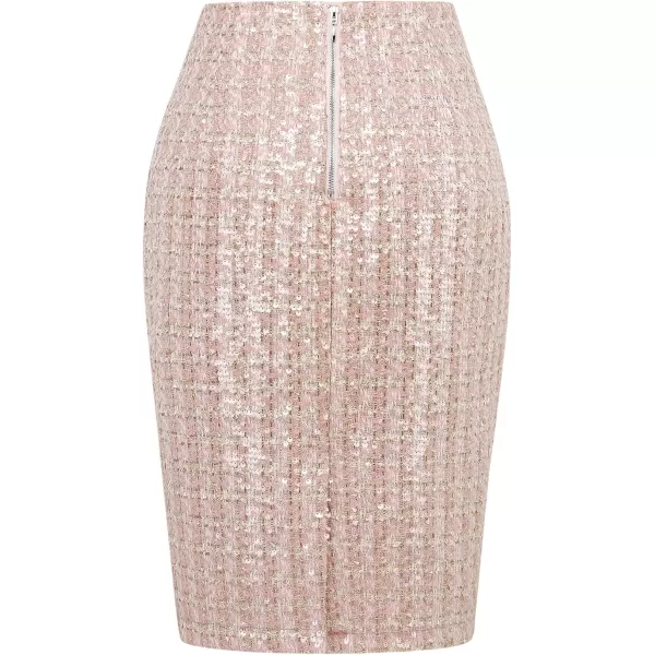 IDEALSANXUN Midi Plaid Skirts for Women 2023 Fall Winter Knee Length Pencil Wool Skirt with SlitSequin Pink