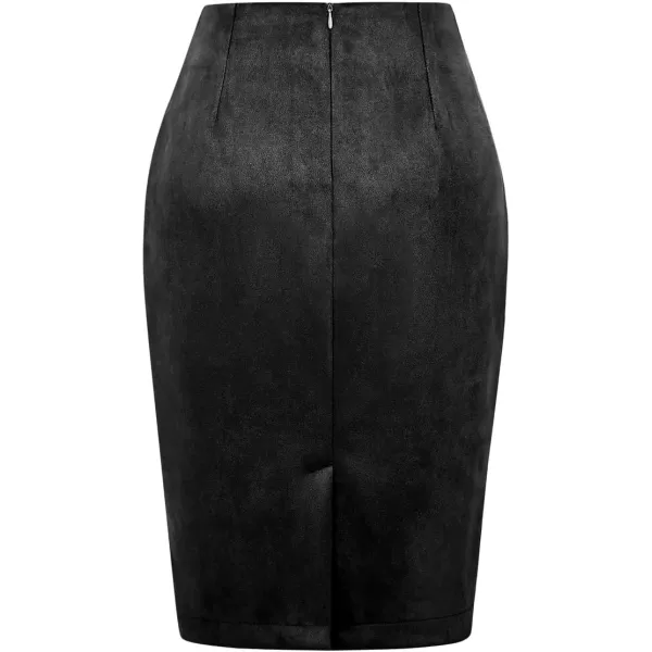 IDEALSANXUN Midi Plaid Skirts for Women 2023 Fall Winter Knee Length Pencil Wool Skirt with SlitSuede Black